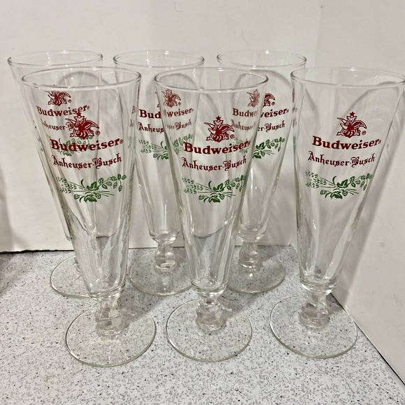 Vintage Budweiser Pilsner Glasses (6) Anheuser Busch Christmas Holiday Beer Bar - Picture 1 of 8